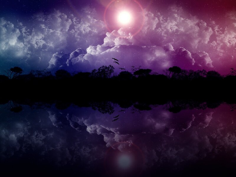 Purple sky with birds and reflection