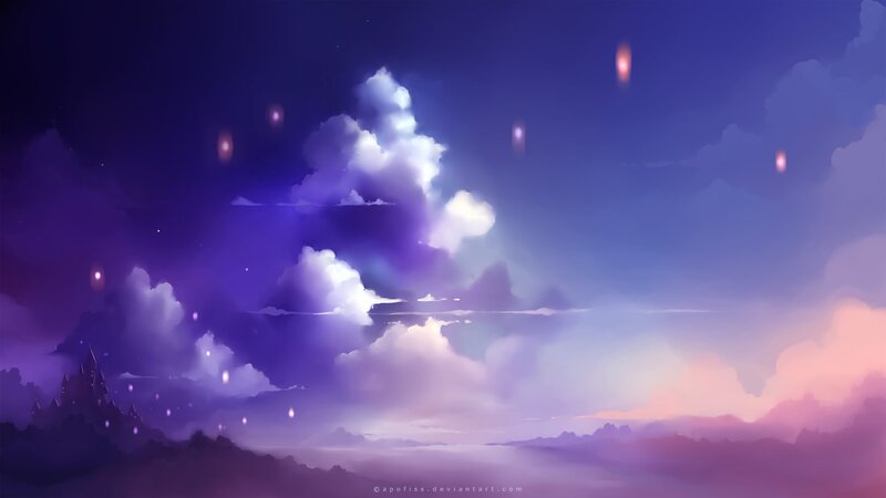 Purple sky with floating lights