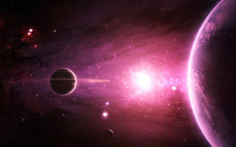 Purple space nebula with planets