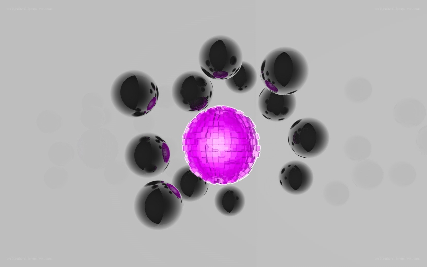 Purple sphere surrounded by black spheres