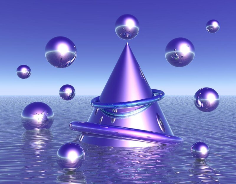 Purple spheres and cone in water