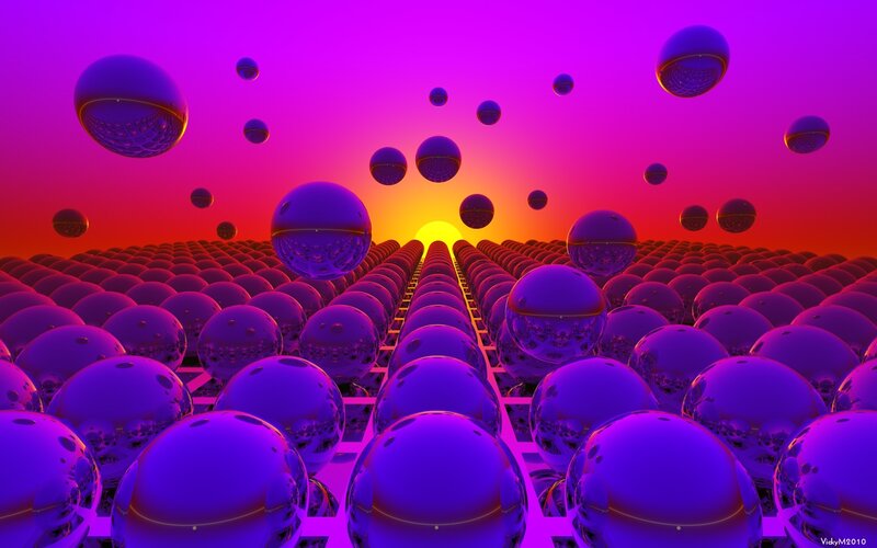 Purple spheres in a digital landscape