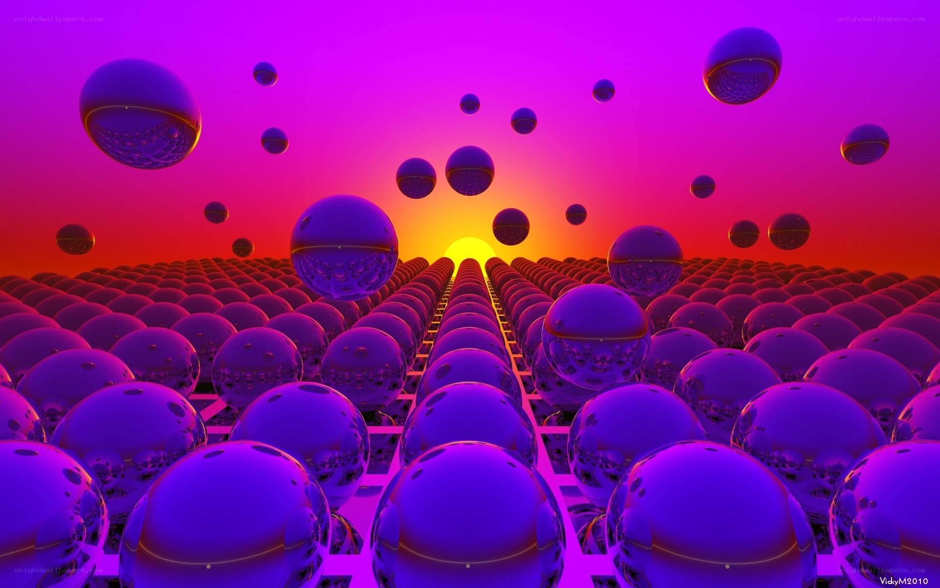 Purple spheres in a digital landscape