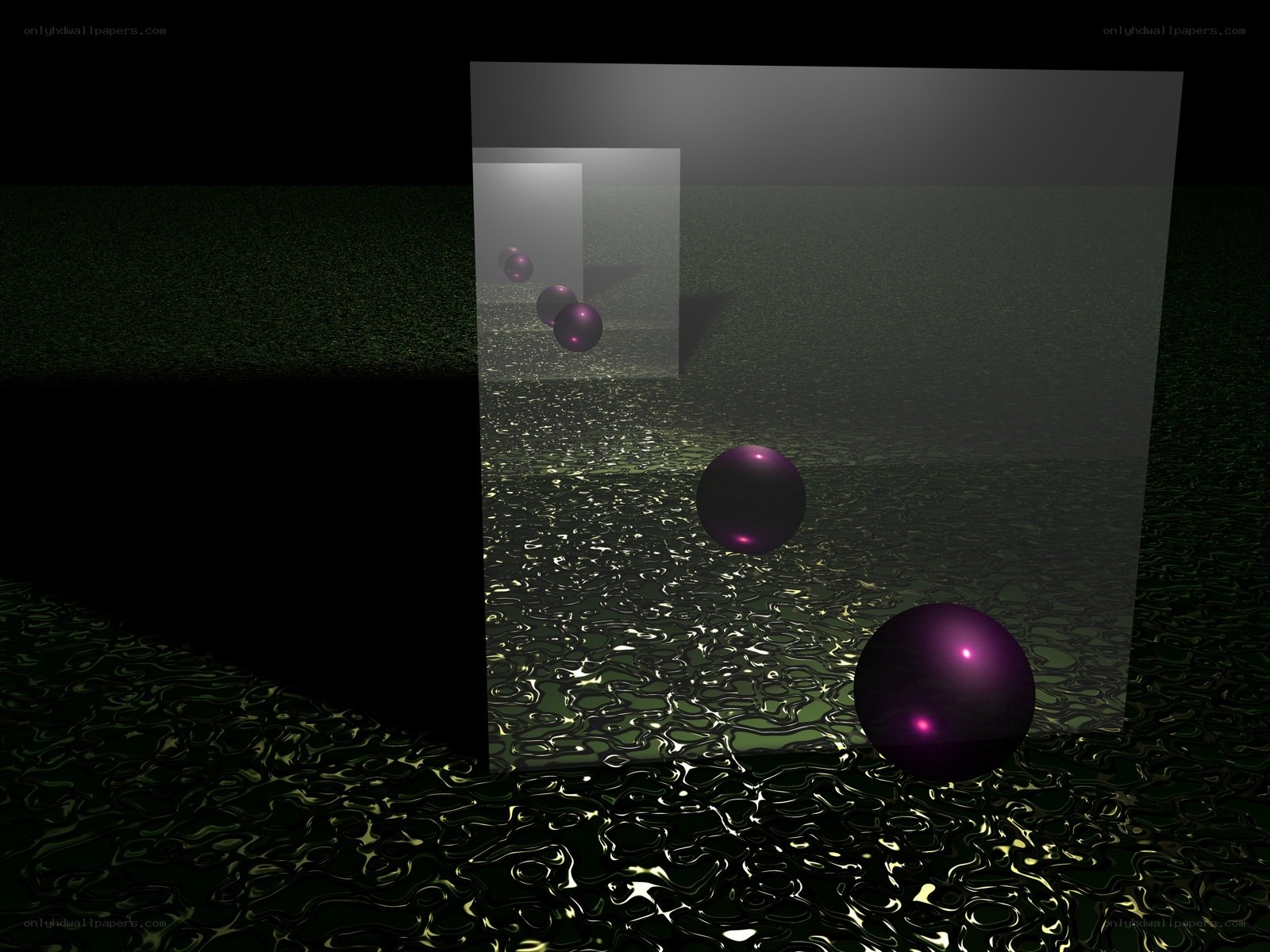 Purple spheres on reflective surface