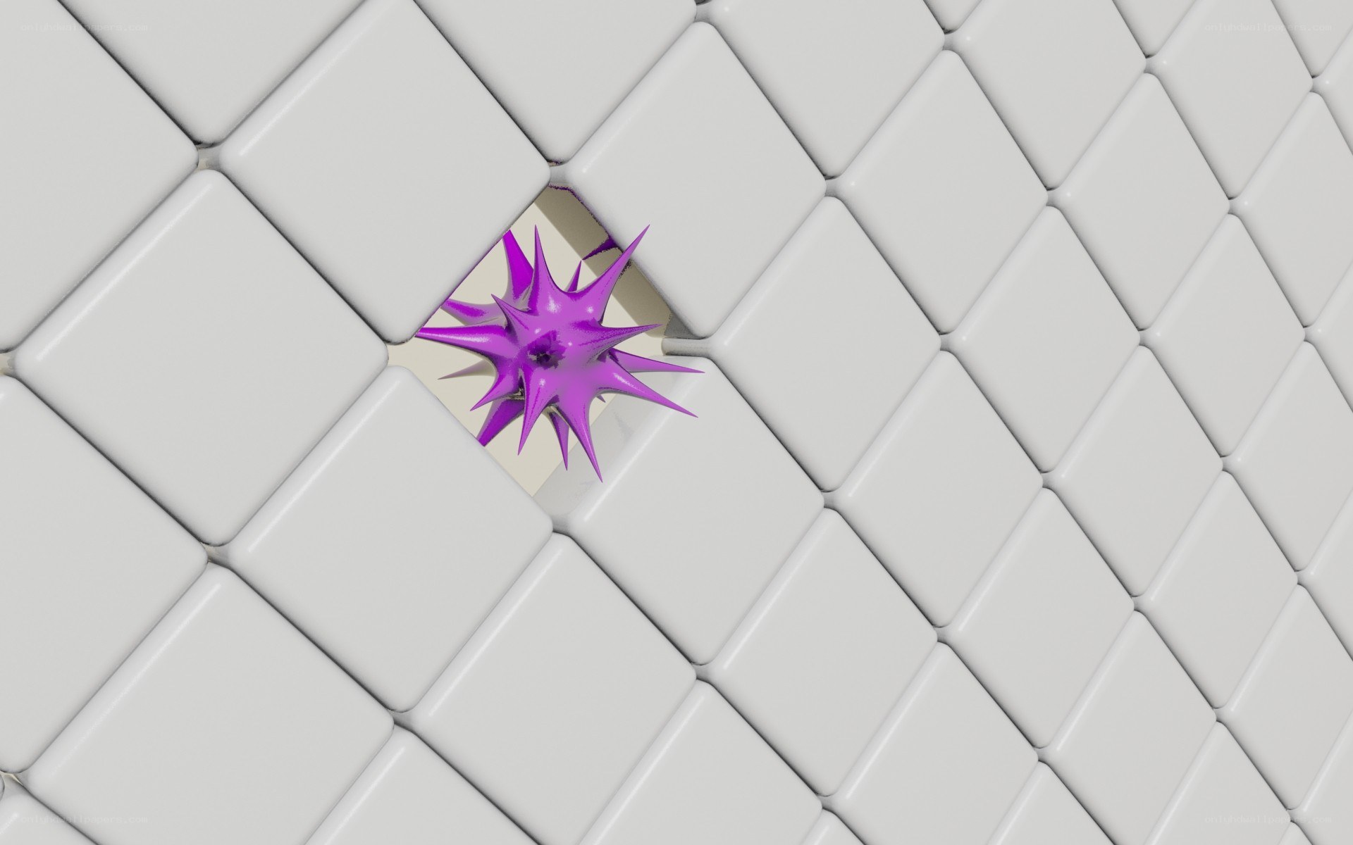 Purple spiky object in white tiles