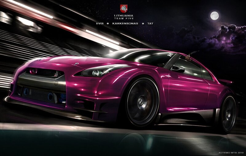 Purple sports car at night