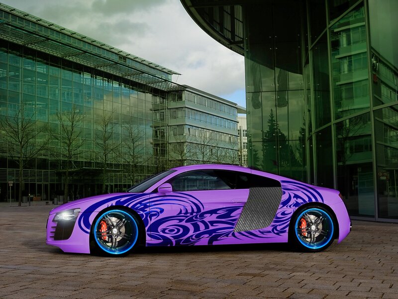 Purple Sports Car — Dramatic, Afternoon, Photograph, Building, Trees