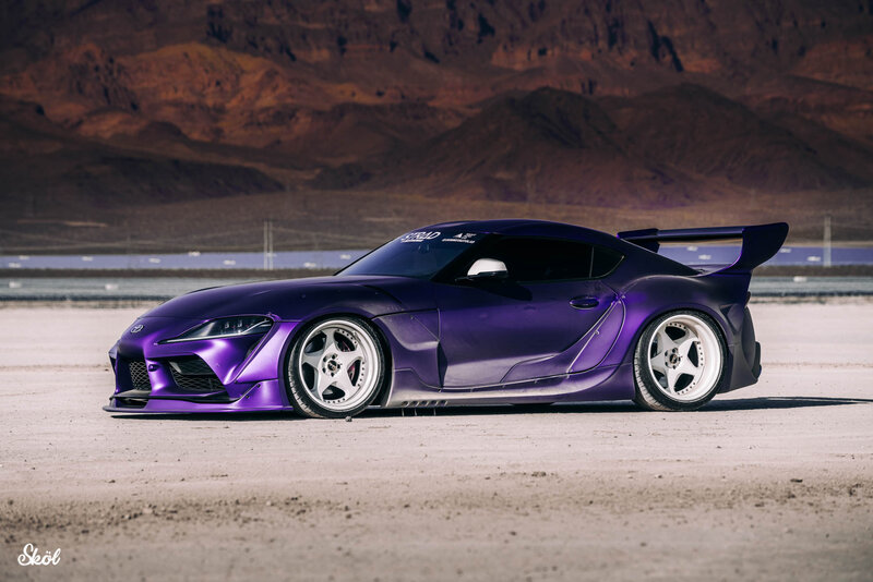 Purple Sports Car — Dramatic, Afternoon, Photograph, Mountains