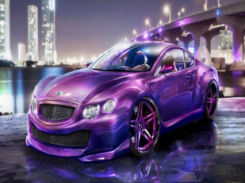 Purple Sports Car — Dramatic, Night, 3d Render, City Skyline