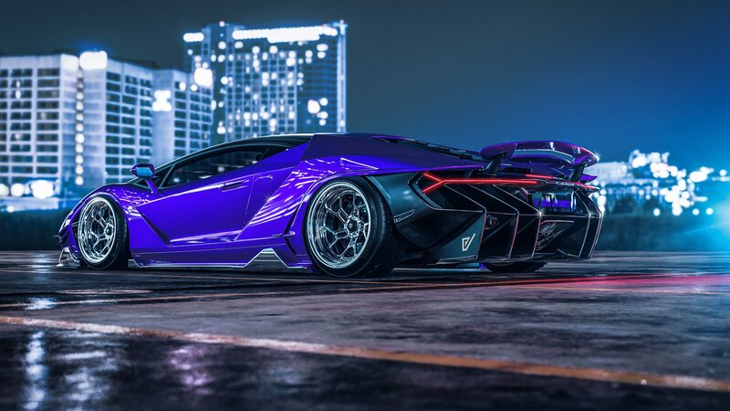 Purple Sports Car — Dramatic, Night, 3d Render, City Skyline, Wet Pavement