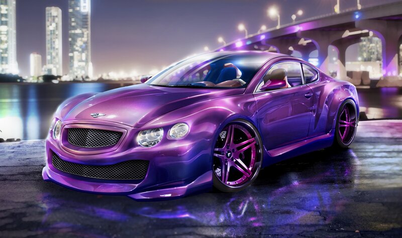 Purple Sports Car — Dramatic, Night, 3d Render