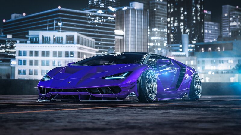 Purple Sports Car — Dramatic, Night, Digital Art, City Skyline