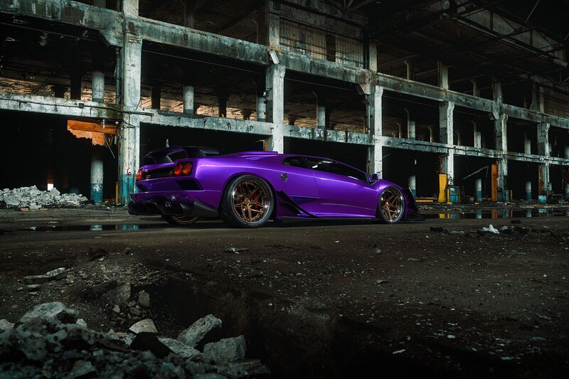 Purple Sports Car — Dramatic, Night, Photograph, Abandoned Building