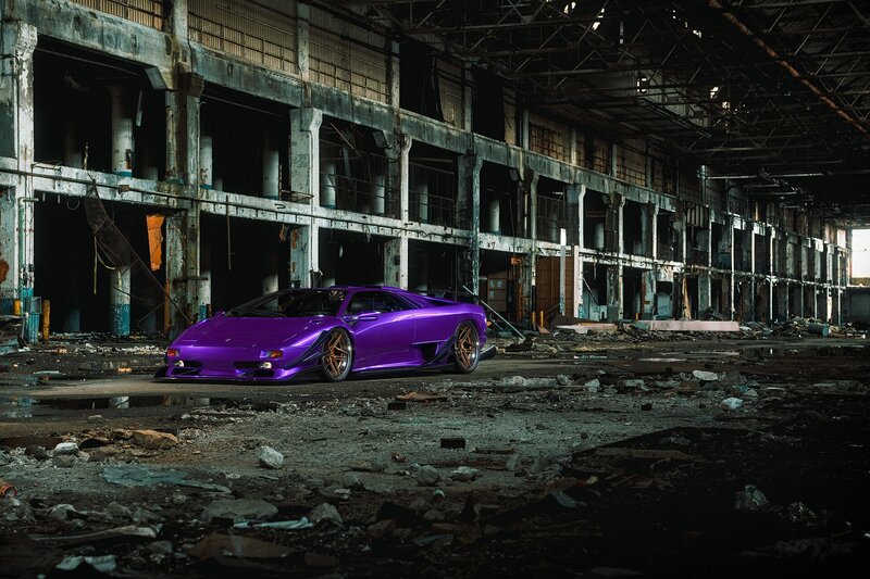 Purple Sports Car — Dramatic, Photograph, Abandoned Building, Debris