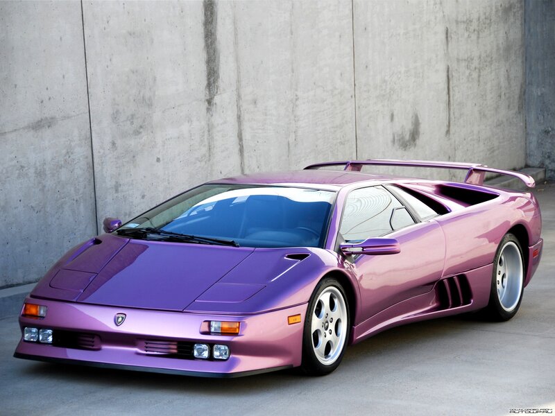 Purple Sports Car — Dramatic, Photograph, Concrete Wall, Tire
