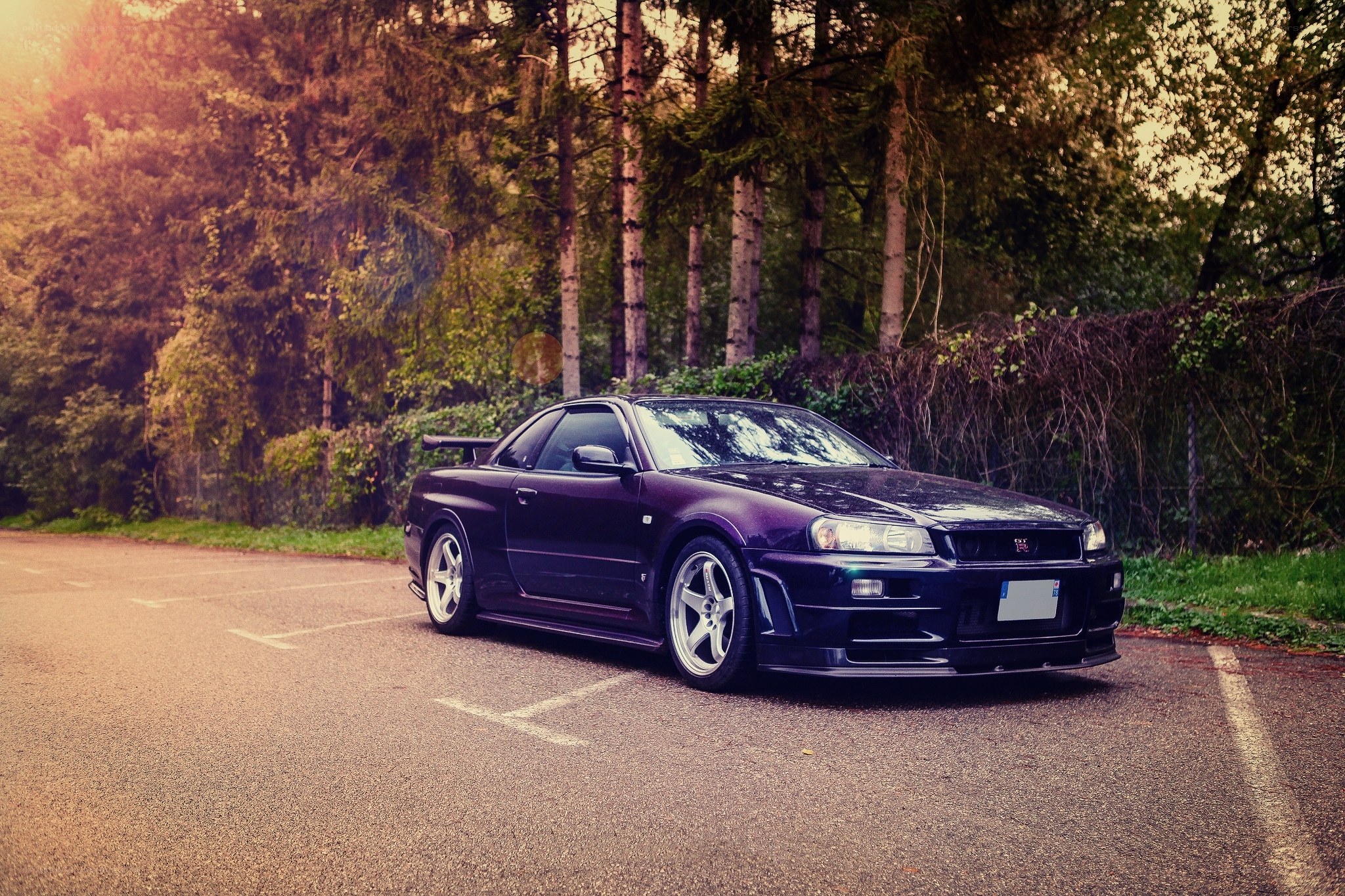 Purple sports car in forest
