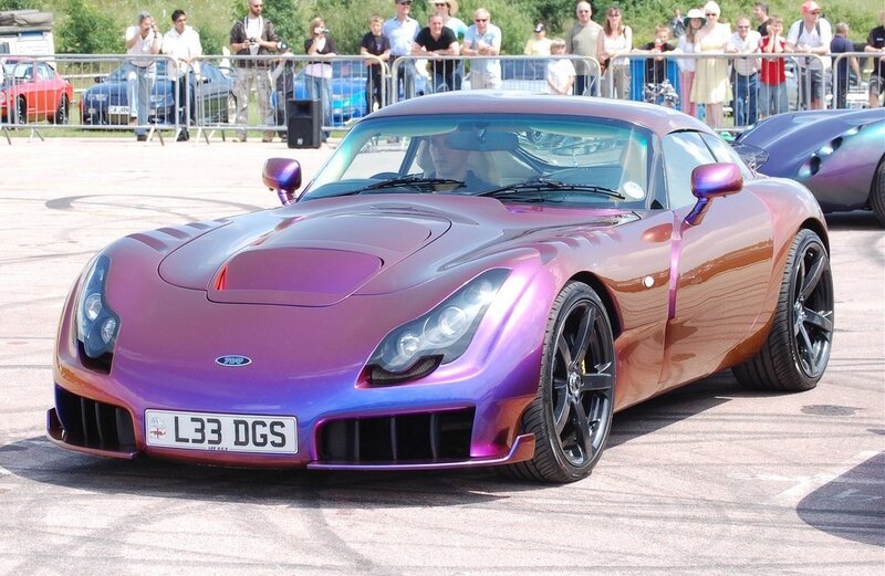 Purple sports car on display