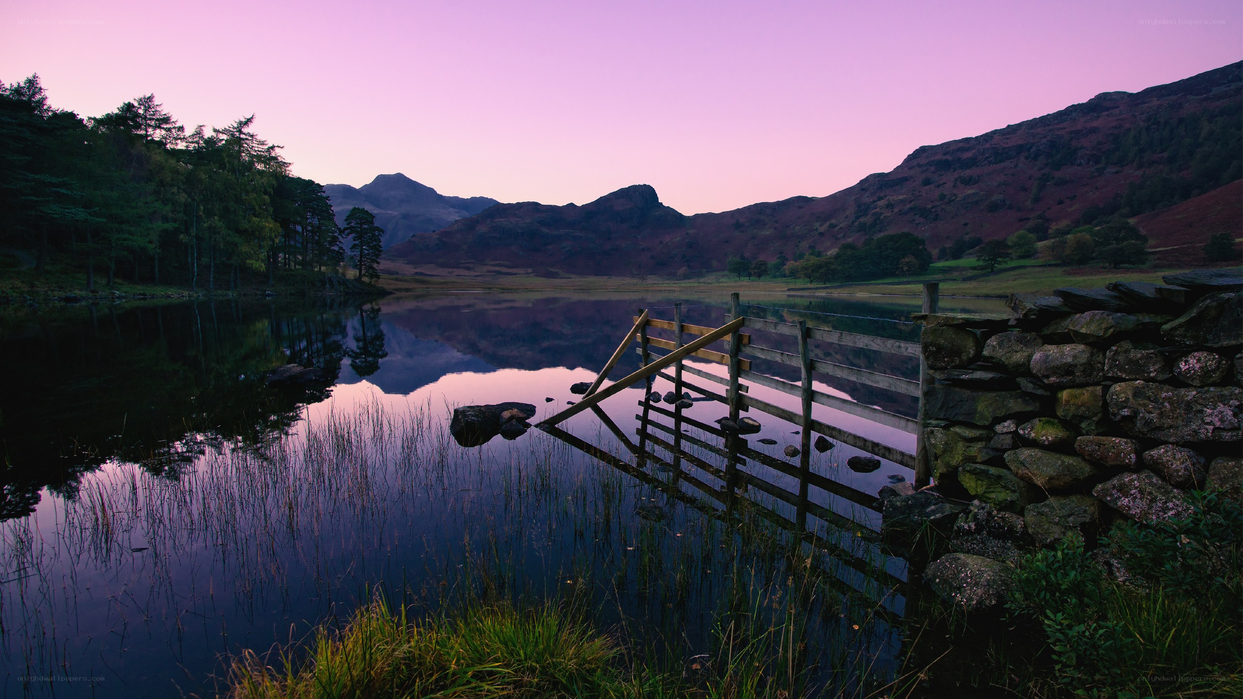 Purple sunset at a mountain lake