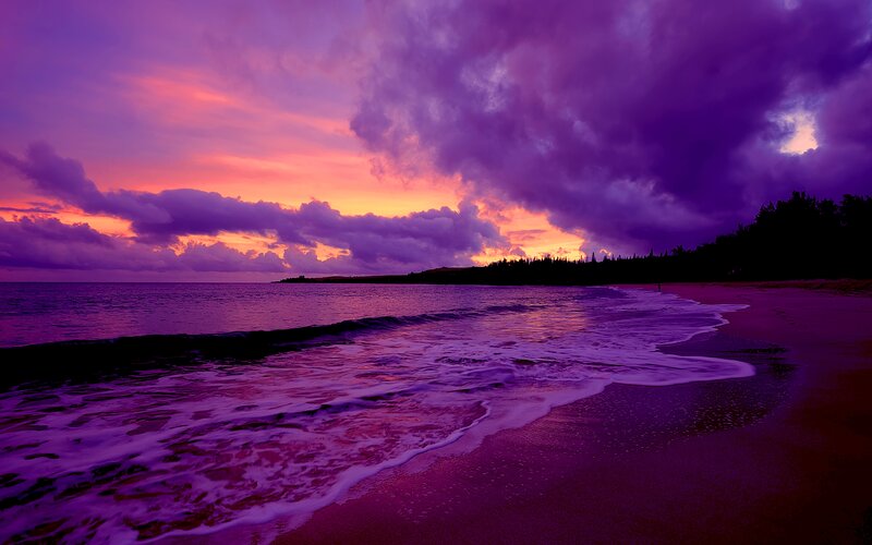 Purple Sunset at Beach — Dramatic, Photograph, Ocean, Clouds