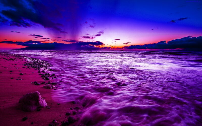 Purple Sunset at Beach — Dramatic, Photograph, Ocean, Sand