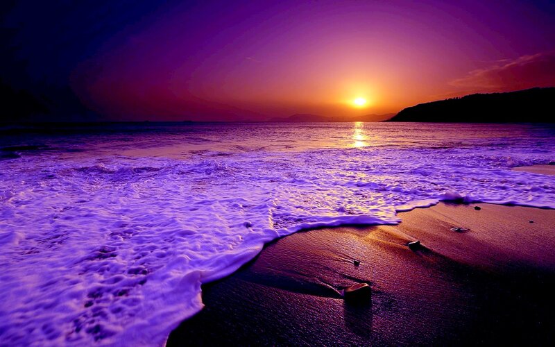 Purple Sunset at Beach — Dramatic, Photograph