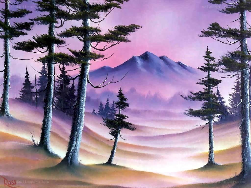Purple sunset forest landscape