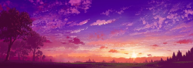 Purple sunset over a field