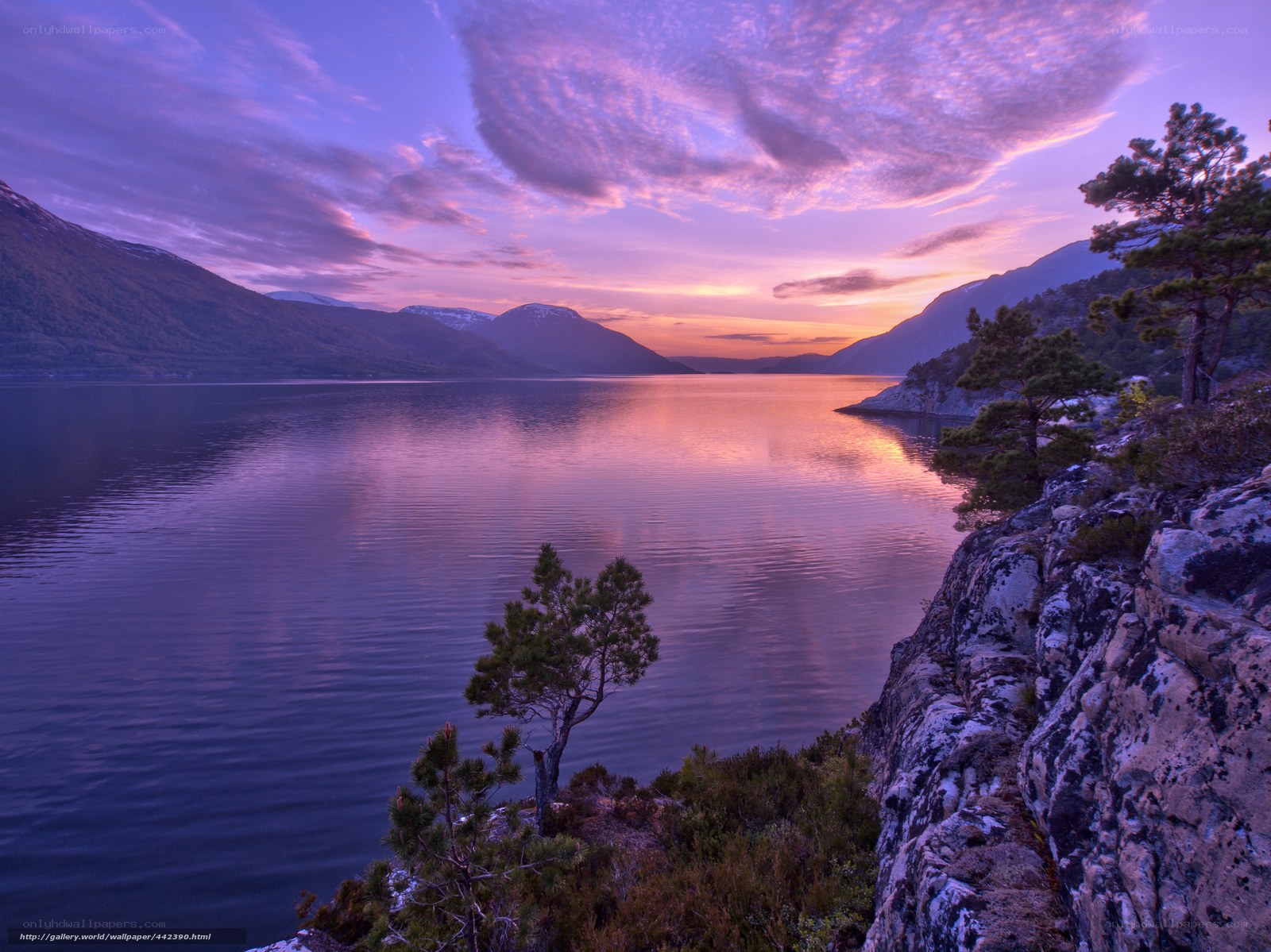 Purple sunset over a fjord