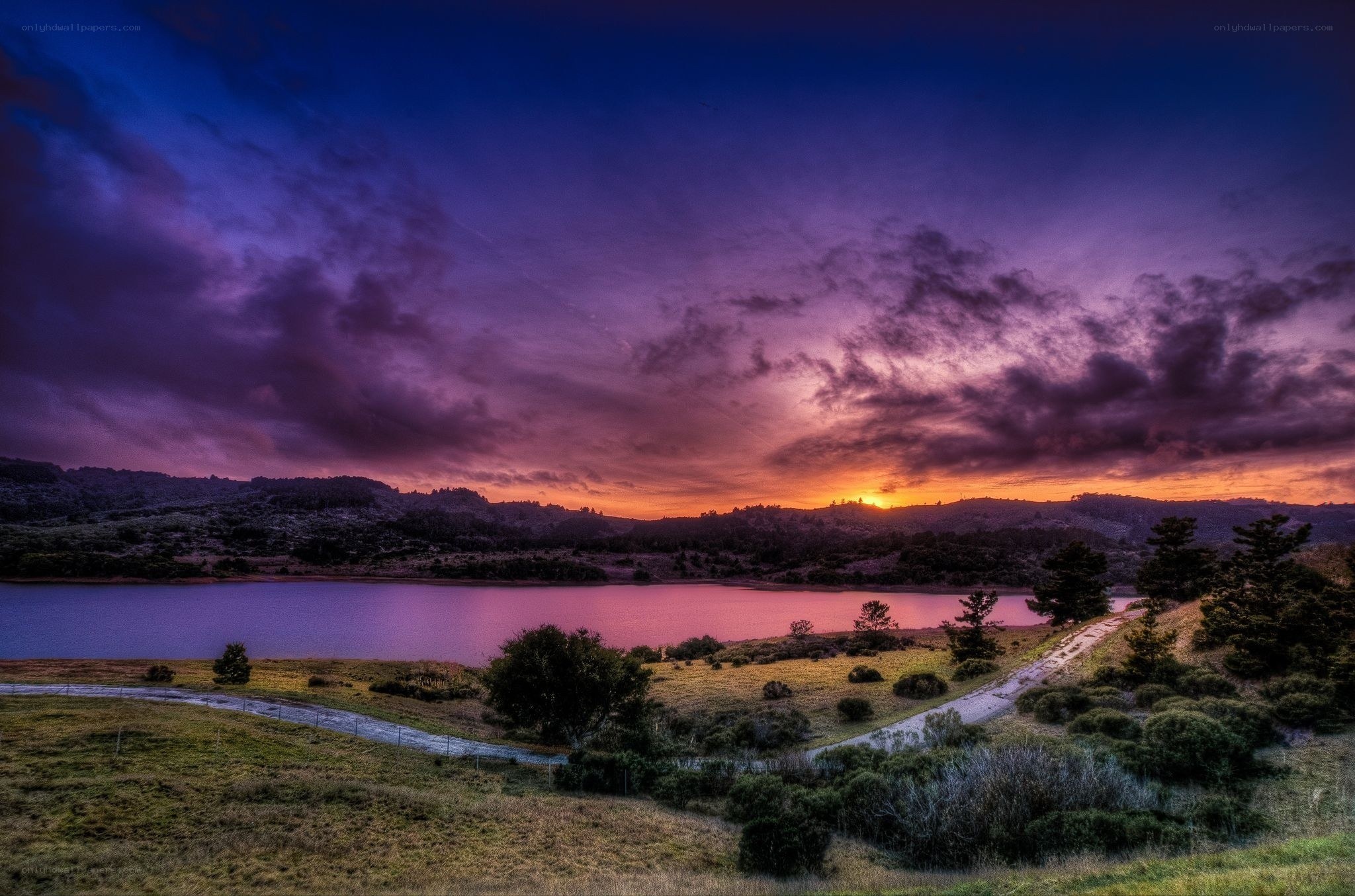Purple sunset over a lake