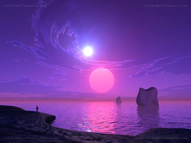 Purple sunset over alien sea