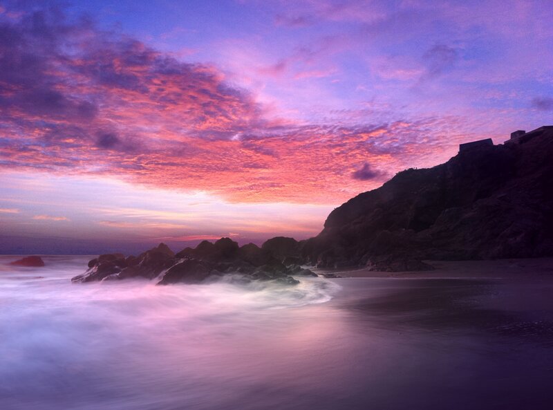 Purple Sunset over Beach — Dramatic, Photograph, Rocks