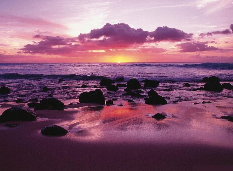 Purple Sunset over Beach — Serene, Photograph, Ocean, Rocks, Clouds