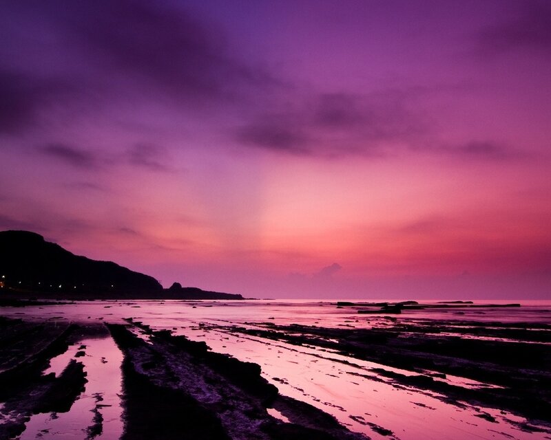 Purple Sunset over Beach — Serene, Photograph