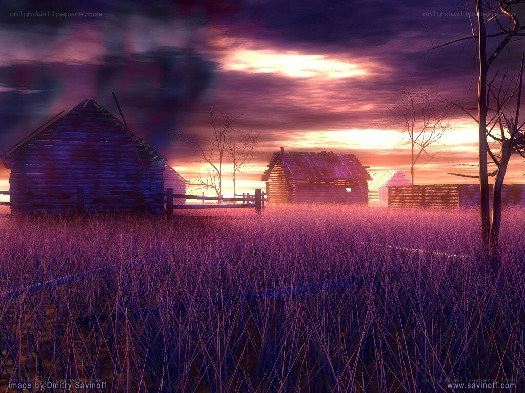 Purple sunset over cabins