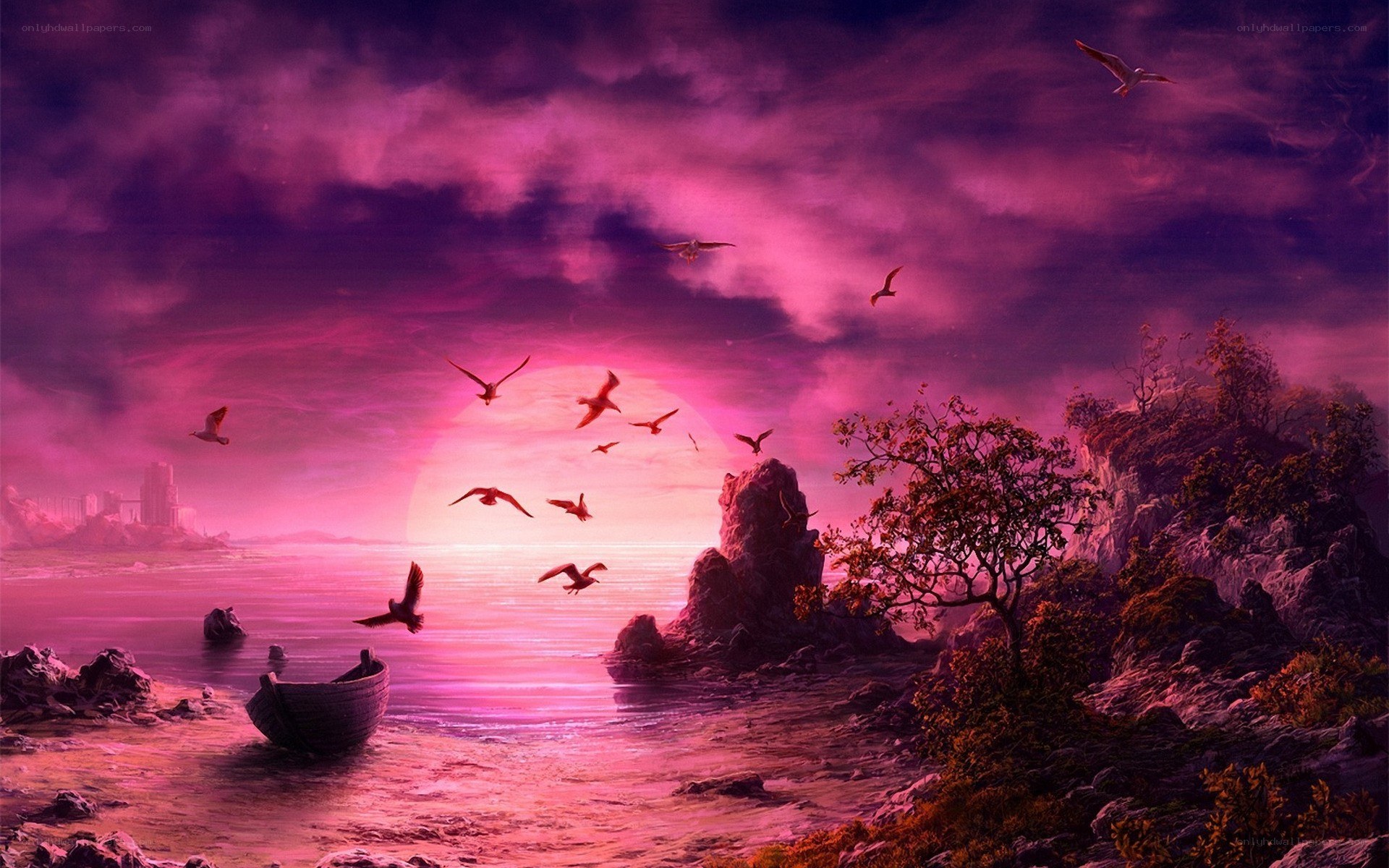 Purple sunset over coastal landscape