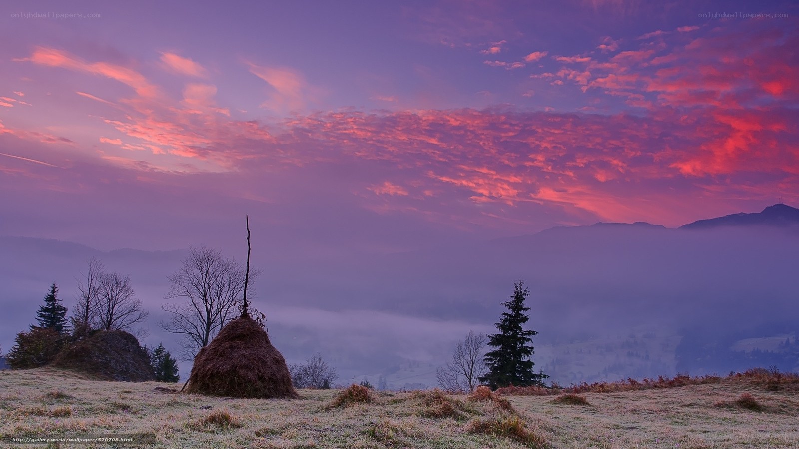Purple sunset over hay bales