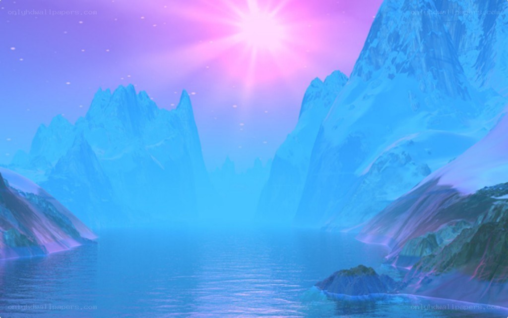 purple sunset over icy mountains