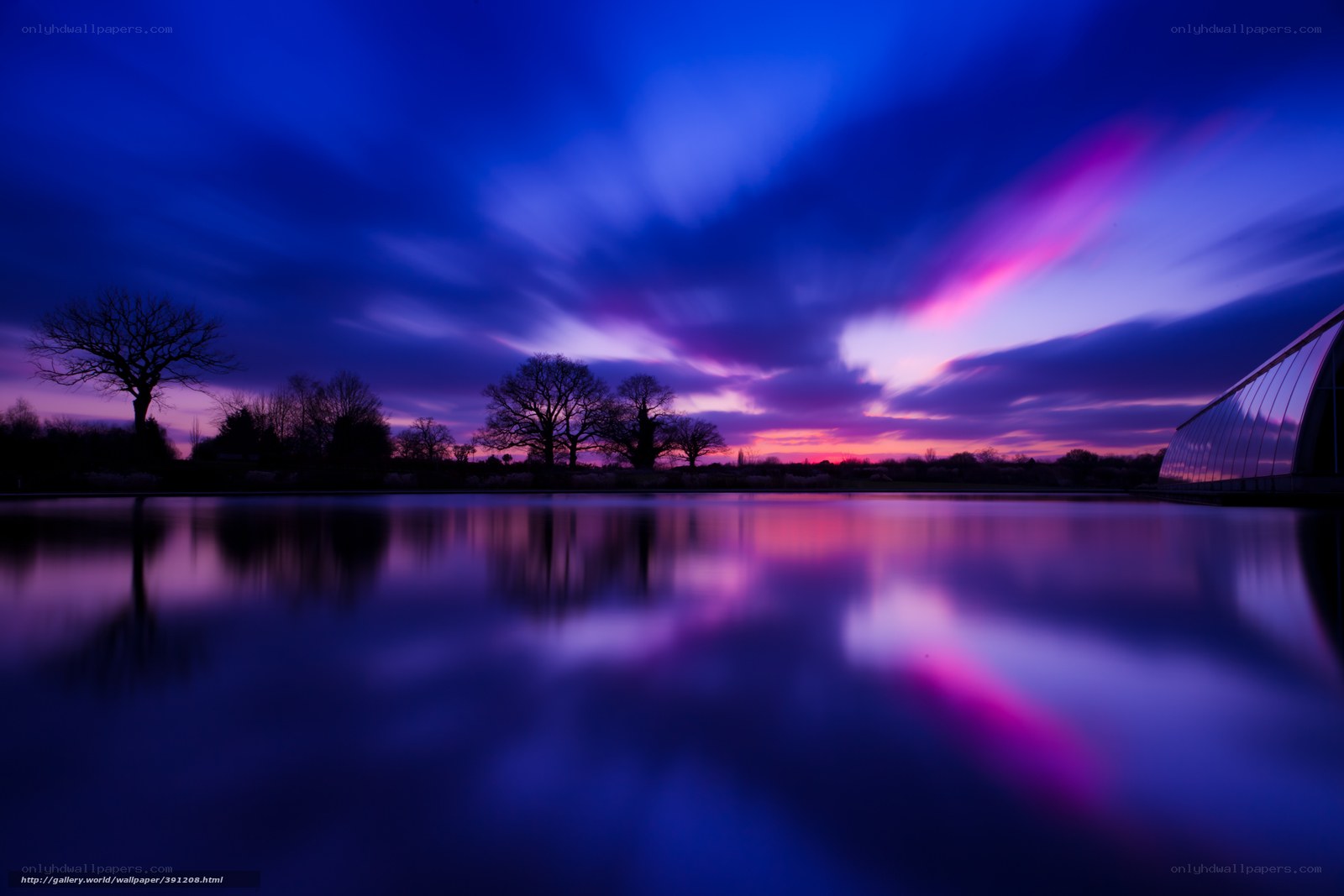 Purple sunset over lake