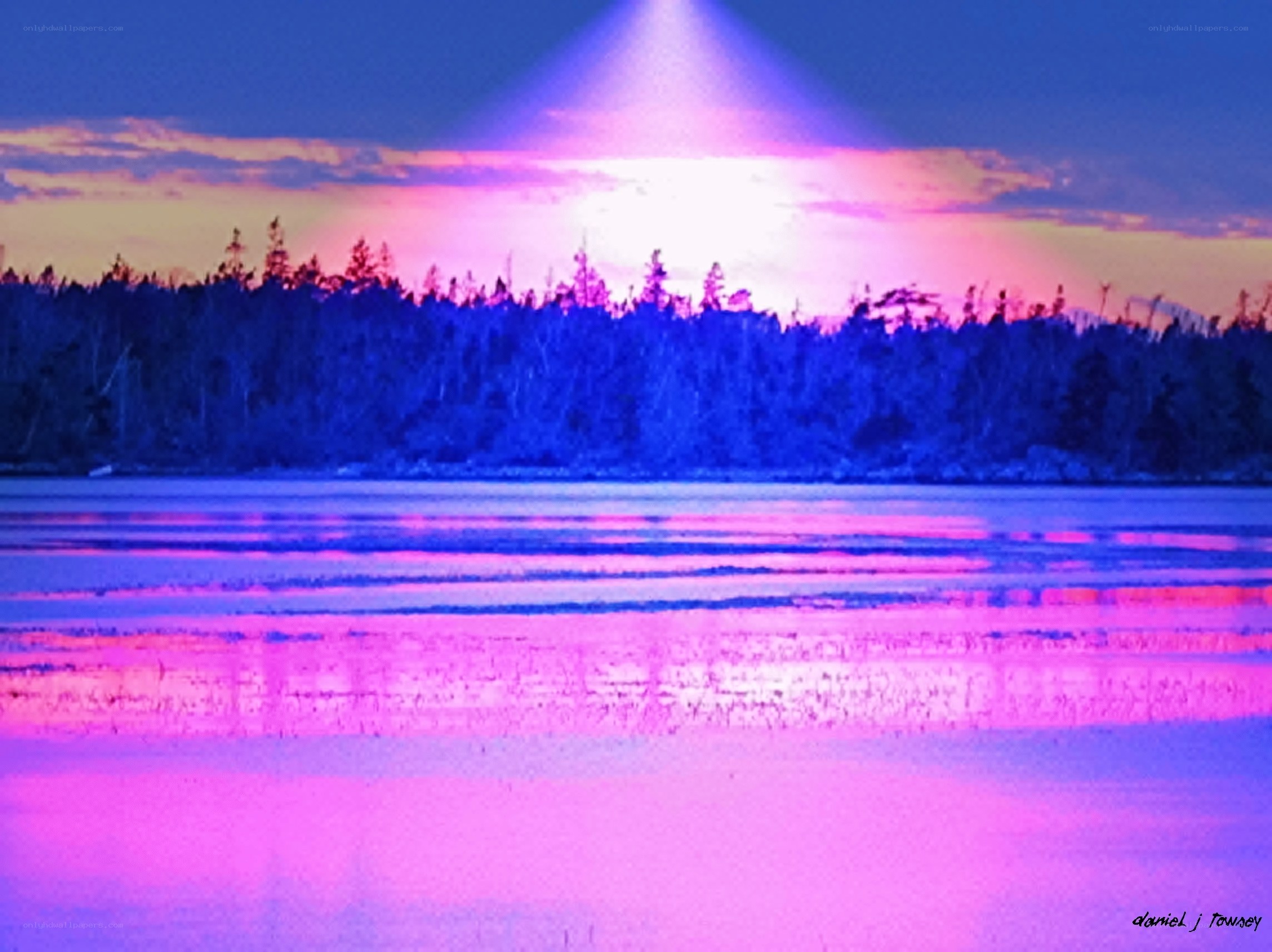 purple sunset over lake