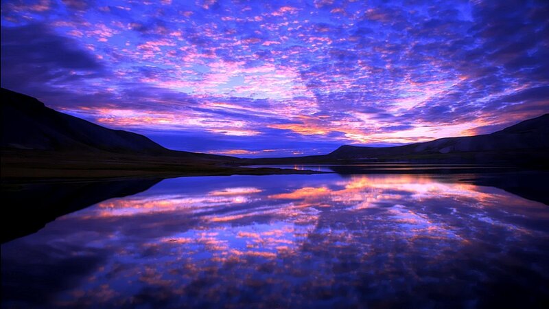 Purple Sunset over Lake — Blue, Dramatic, Photograph, Mountains