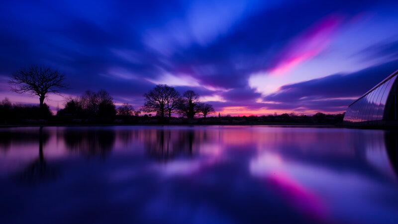 Purple Sunset over Lake — Blue, Dramatic, Photograph