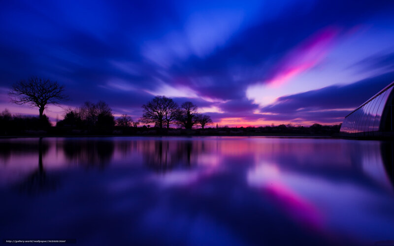 Purple Sunset over Lake — Blue, Dramatic, Photograph, Trees, Sky, Building