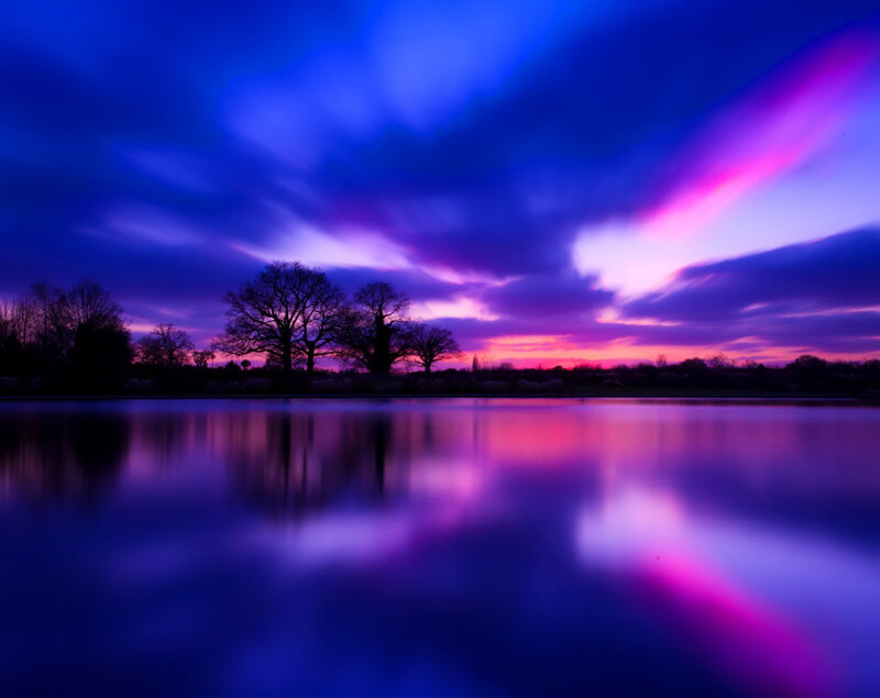 Purple Sunset over Lake — Blue, Dramatic, Photograph, Trees, Sky