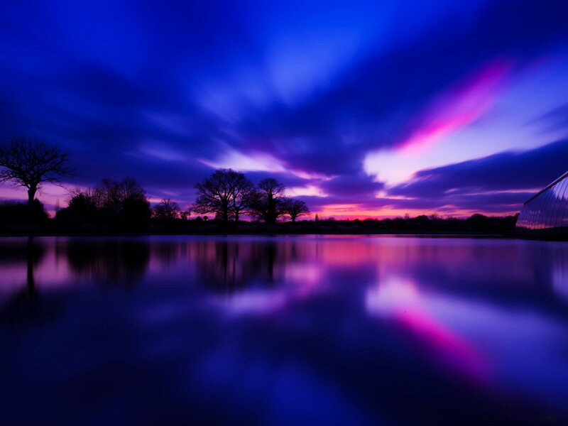Purple Sunset over Lake — Blue, Dramatic