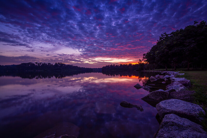 Purple Sunset over Lake — Dramatic, Photograph, Clouds, Trees, Rocks