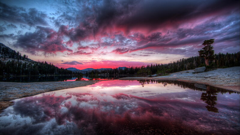 Purple Sunset over Lake — Dramatic, Photograph, Clouds, Trees