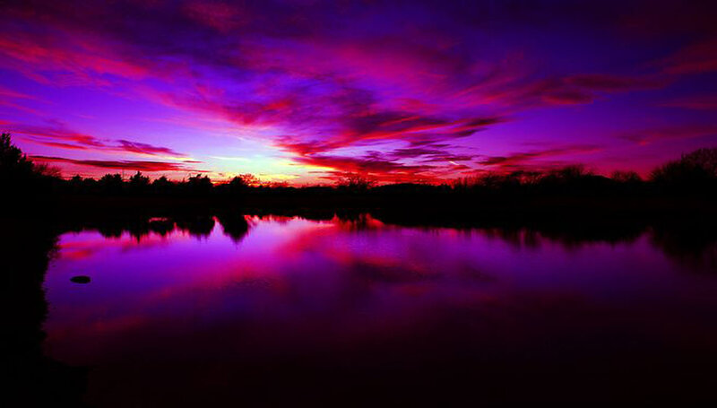 Purple Sunset over Lake — Dramatic, Photograph, Sky, Clouds