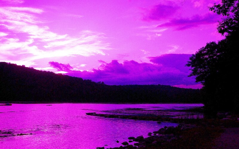 Purple Sunset over Lake — Dramatic, Photograph, Trees, Clouds