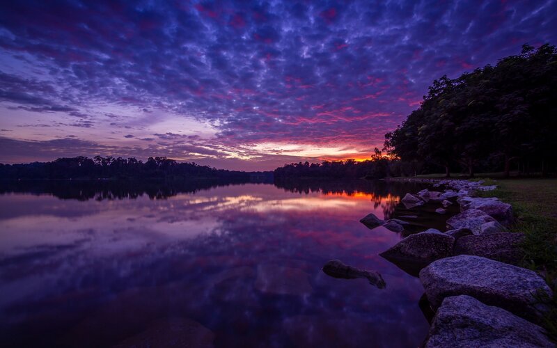 Purple Sunset over Lake — Dramatic, Photograph, Trees, Rocks