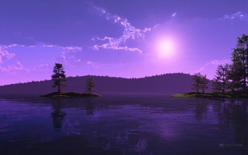 Purple Sunset over Lake — Serene, Digital Art